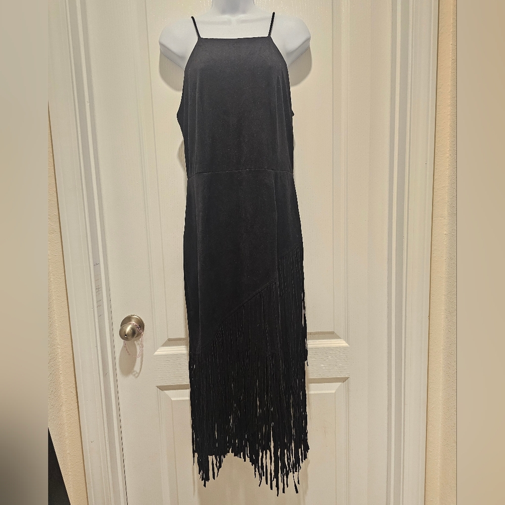 Alexia Admor Strappy Black Fringe Tassel Midi Dress High Neck Size Small